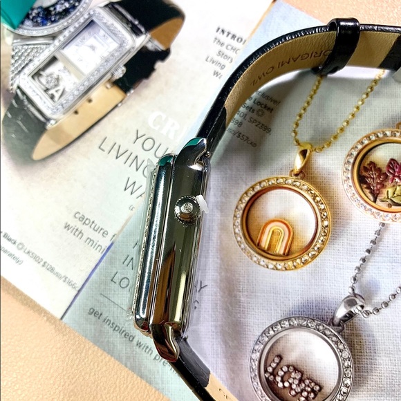 Origami Owl Signature Silver Locket WATCH Crystals Black Croc Leather Stainless - Picture 7 of 13